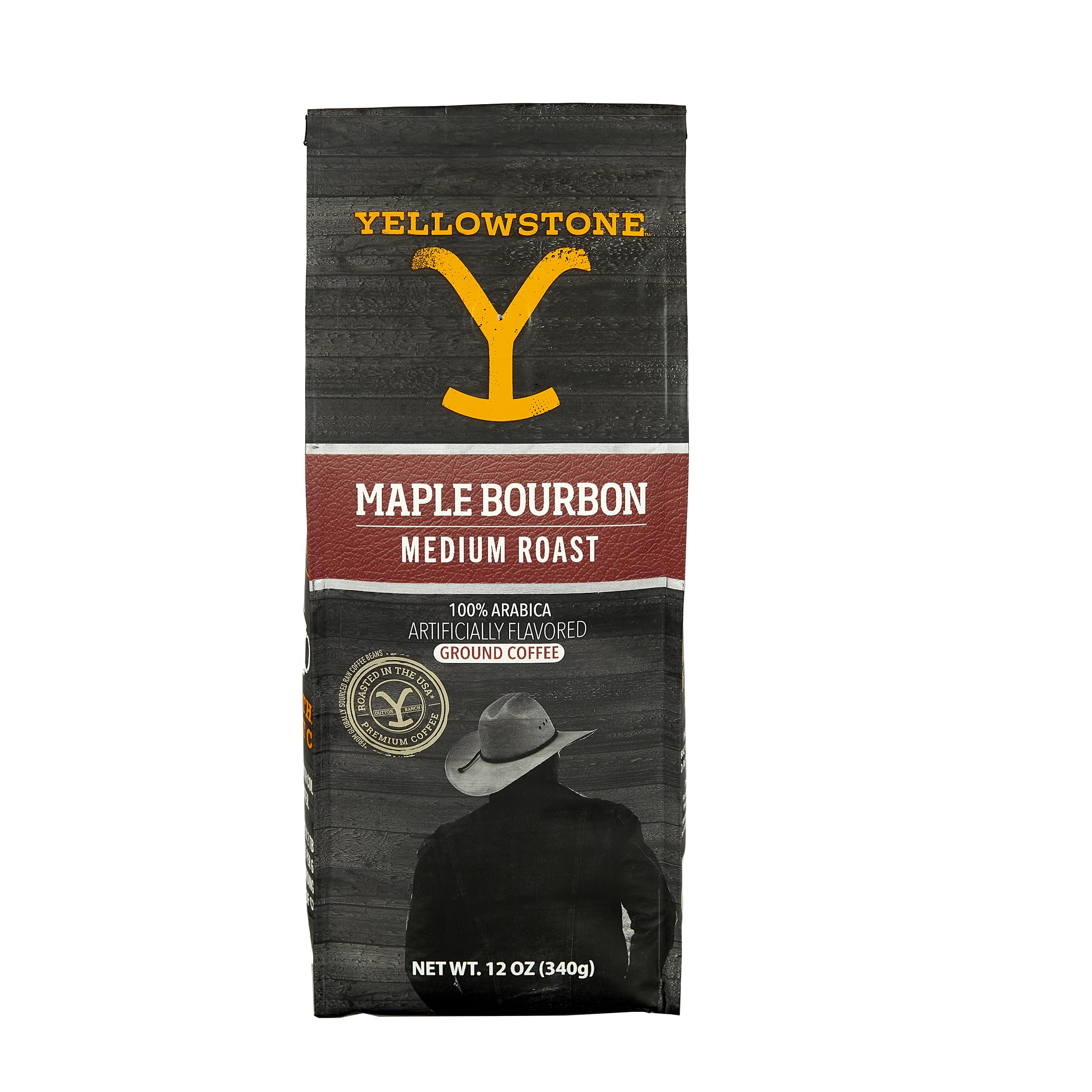 Y Yellowstone front packaging showing 12 oz bag and maple-bourbon branding benefits aroma