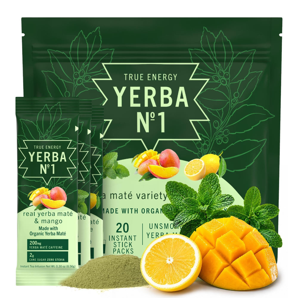 Yerba No. 1 front pouch showing branding and 20 stick packs, great portability