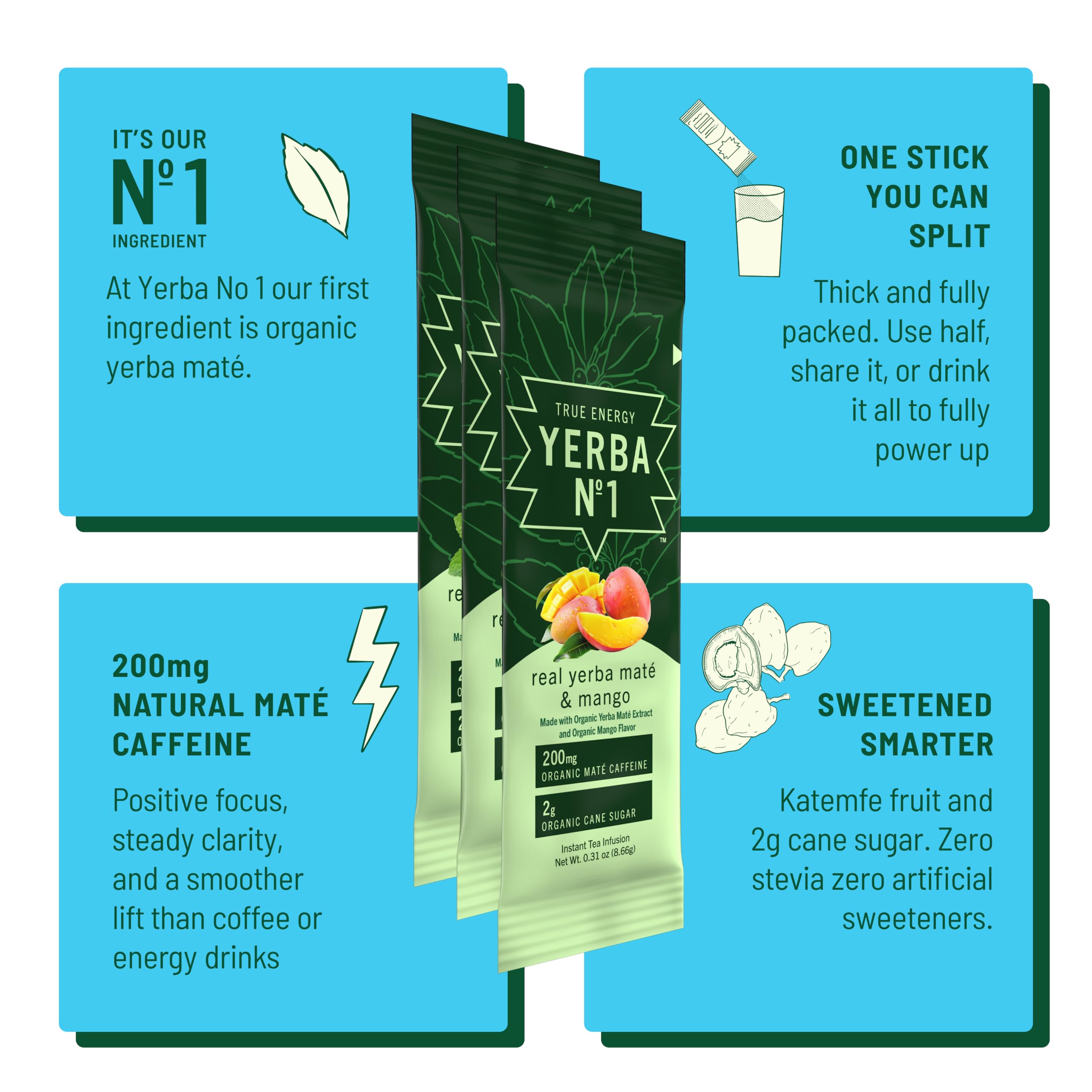 Yerba No. 1 individual stick packets spread out, highlighting single-serve convenience