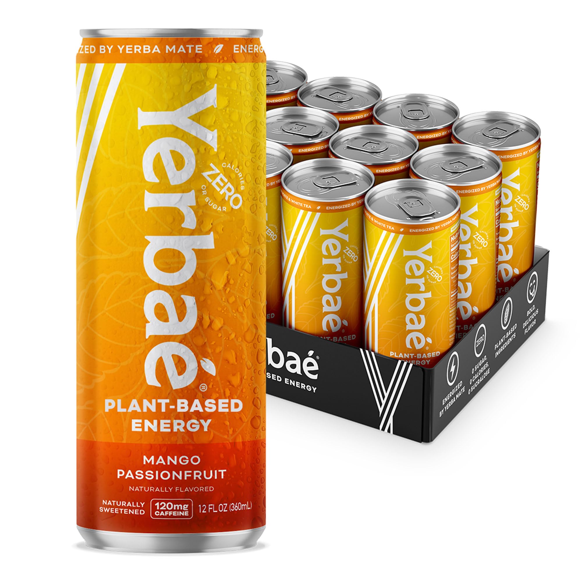 YERBAÉ front packaging of Mango Passion Fruit can showing vibrant label and benefit
