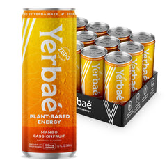 YERBAÉ front packaging of Mango Passion Fruit can showing vibrant label and benefit