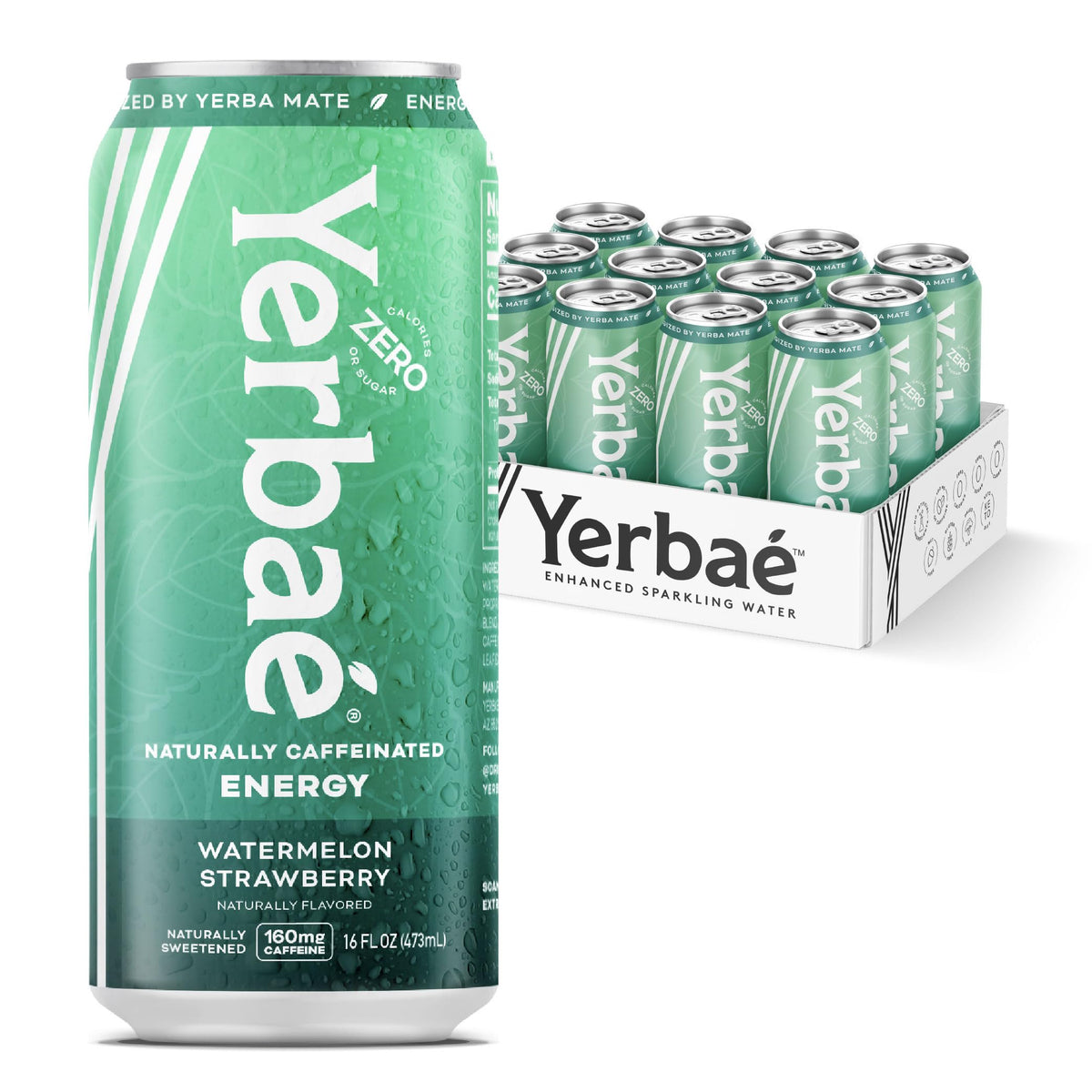 YERBAÉ front can showing watermelon strawberry flavor and zero calories benefit