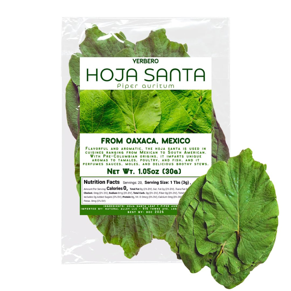 Yerbero front packaging showing whole Hierba Santa leaves and product information