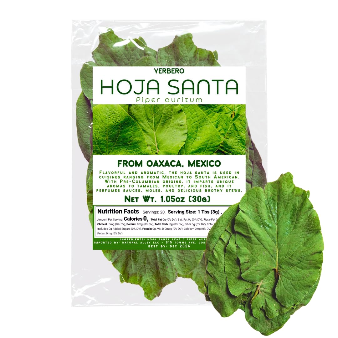 Yerbero front packaging showing whole Hierba Santa leaves and product information