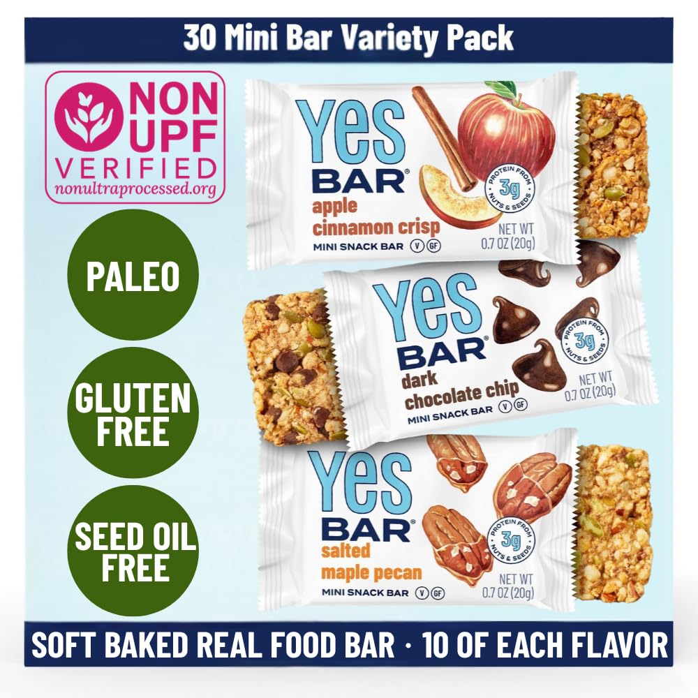The YES Bar front packaging showing 30-count variety pack for convenience
