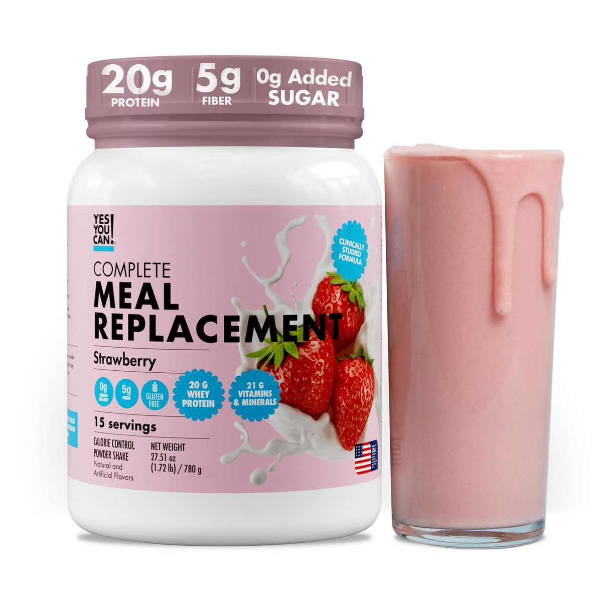 Yes You Can! front packaging showing strawberry flavor and 15 servings for convenience