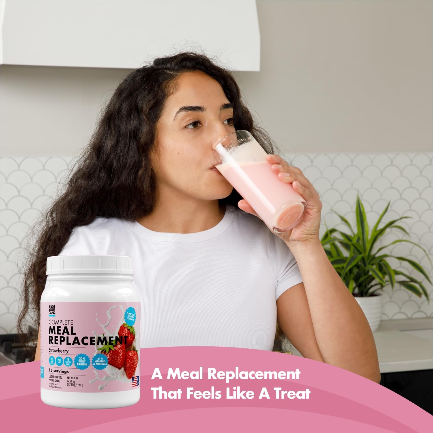 Yes You Can! strawberry shake in glass showing creamy texture and ready-to-drink benefit