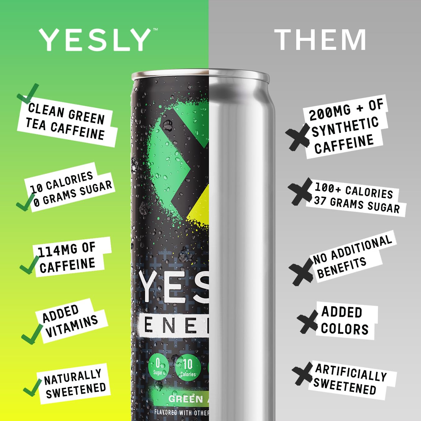 Yesly green apple can close-up displaying label, clear flavor cue and refreshing appeal