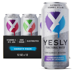 Yesly front pack shot showing four flavored cans and benefits