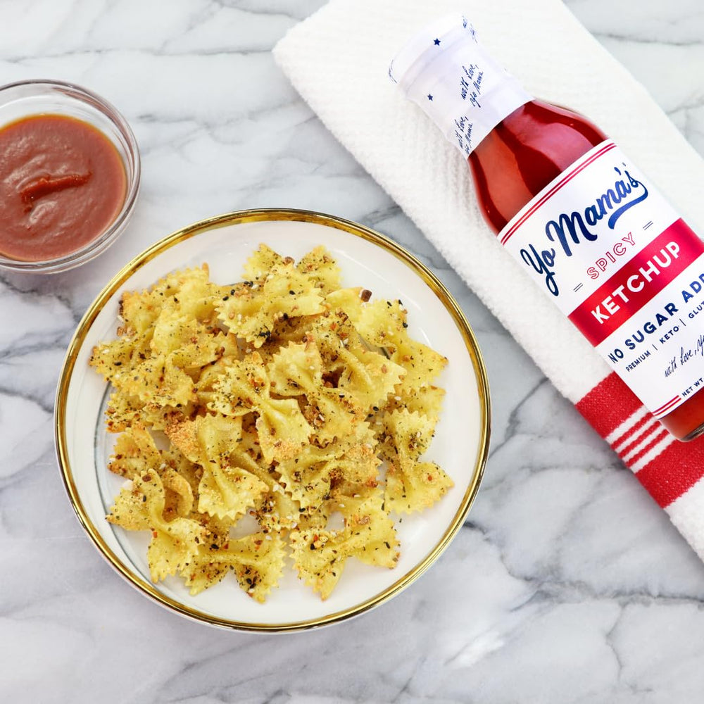 Yo Mama’s Foods ketchup drizzled on burger adding spicy, low-carb flavor