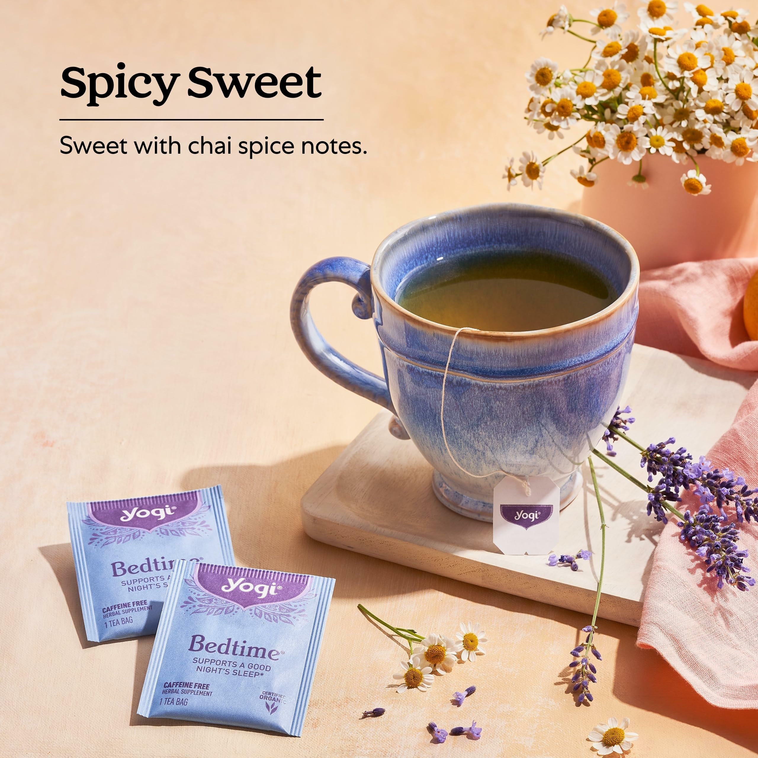 Yogi tea bag steeping in cup illustrating simple preparation and warm comfort