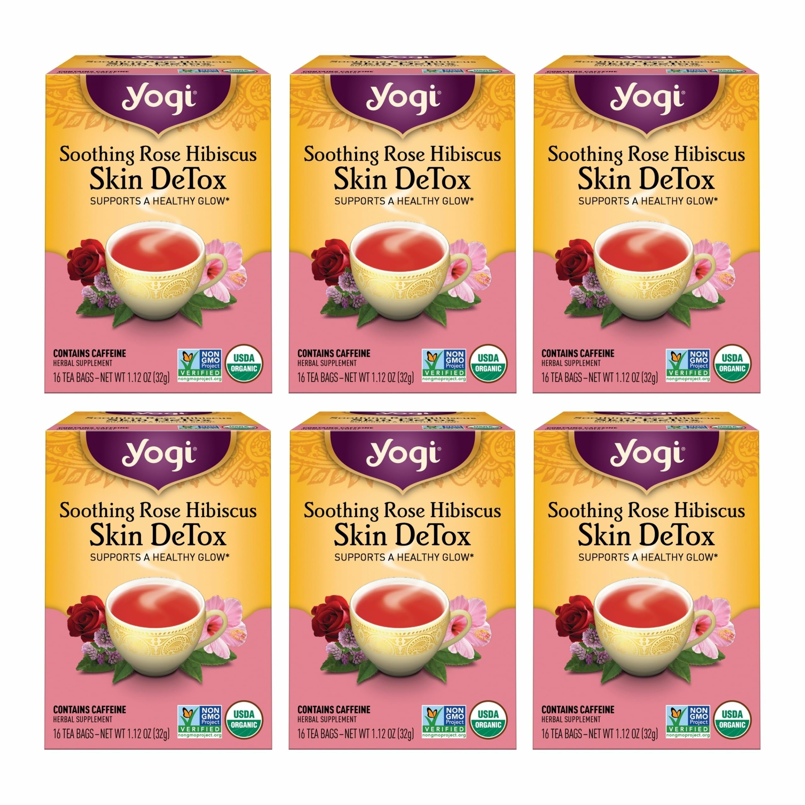 Yogi box front packaging showing rose hibiscus blend and organic badge, appealing appearance