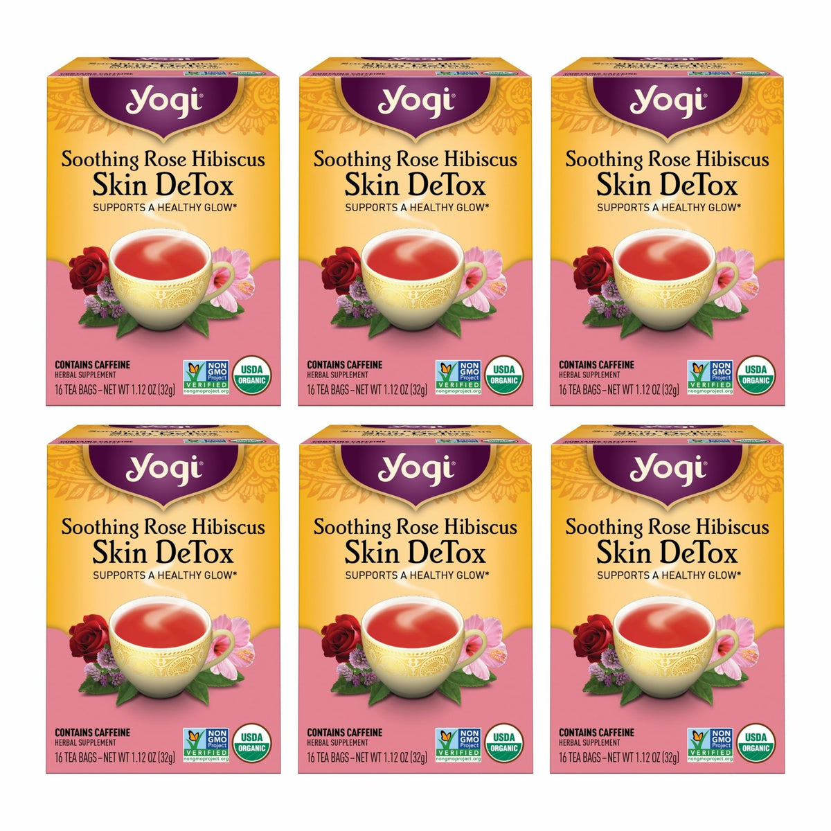 Yogi box front packaging showing rose hibiscus blend and organic badge, appealing appearance