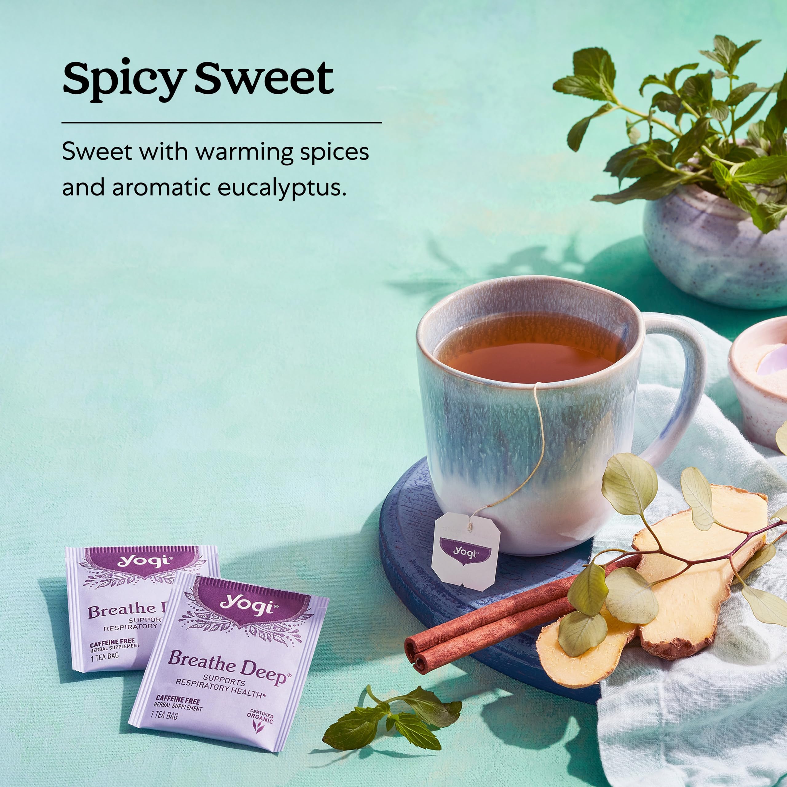 Steeping Yogi Breathe Deep tea in a cup capturing steam and aromatic release benefit