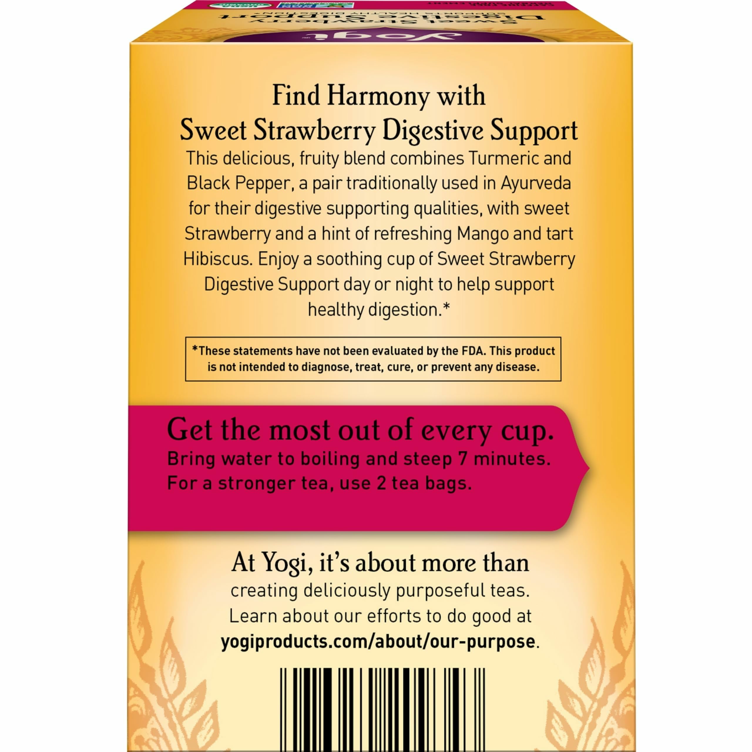Yogi brewed cup of strawberry tea illustrating calming, digestive-friendly benefit