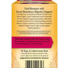 Yogi brewed cup of strawberry tea illustrating calming, digestive-friendly benefit