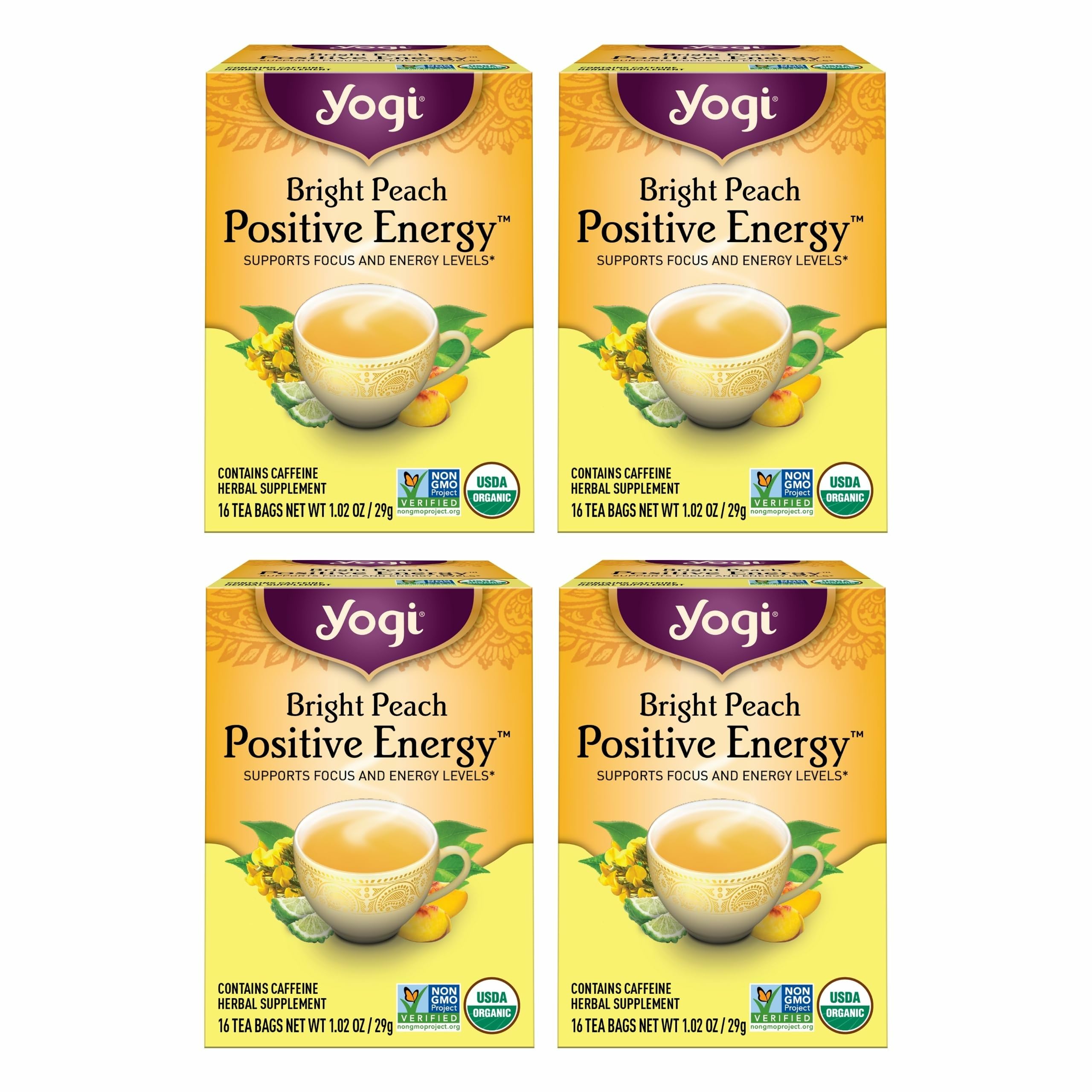 Yogi front packaging showing Bright Peach tea and vibrant labeling benefits