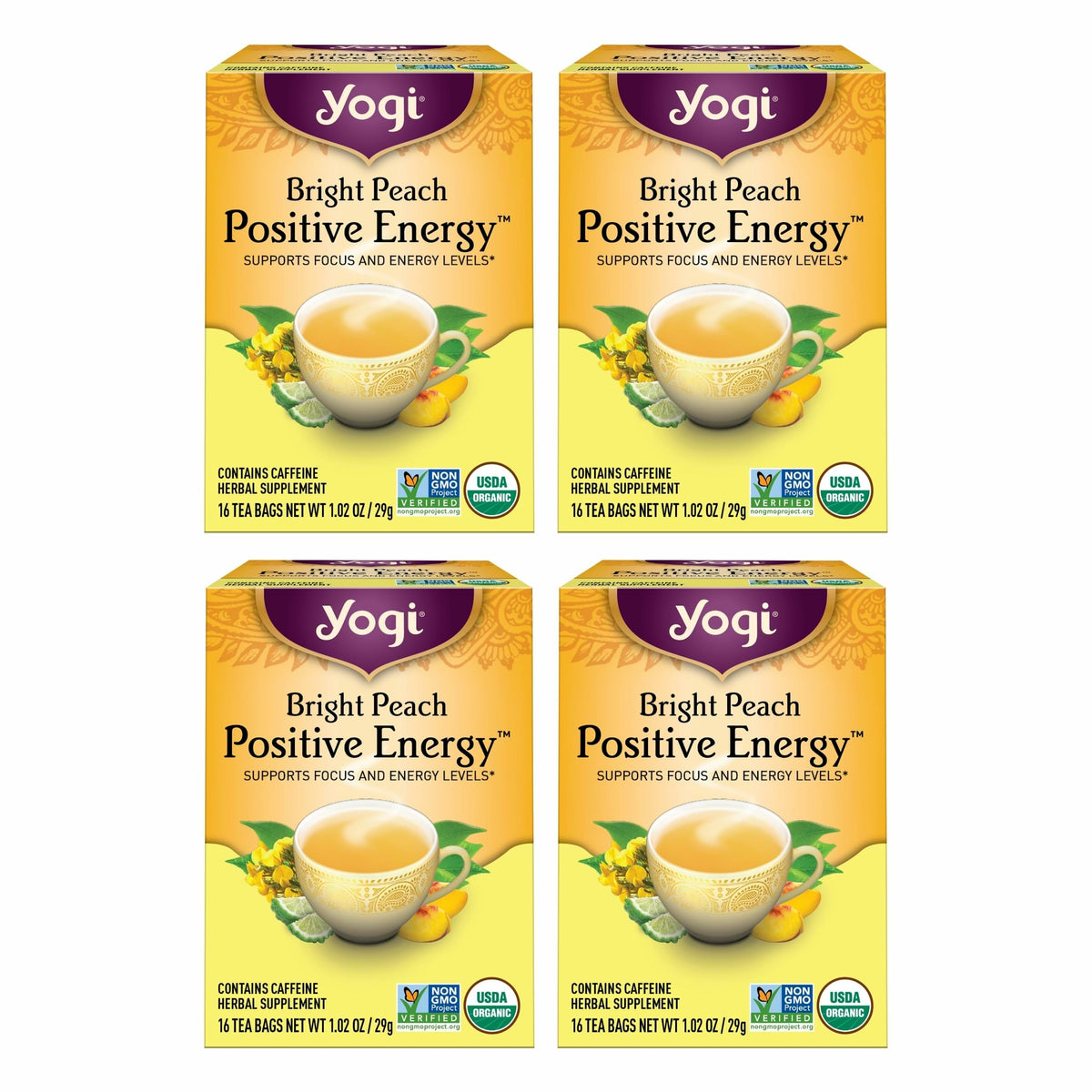 Yogi front packaging showing Bright Peach tea and vibrant labeling benefits
