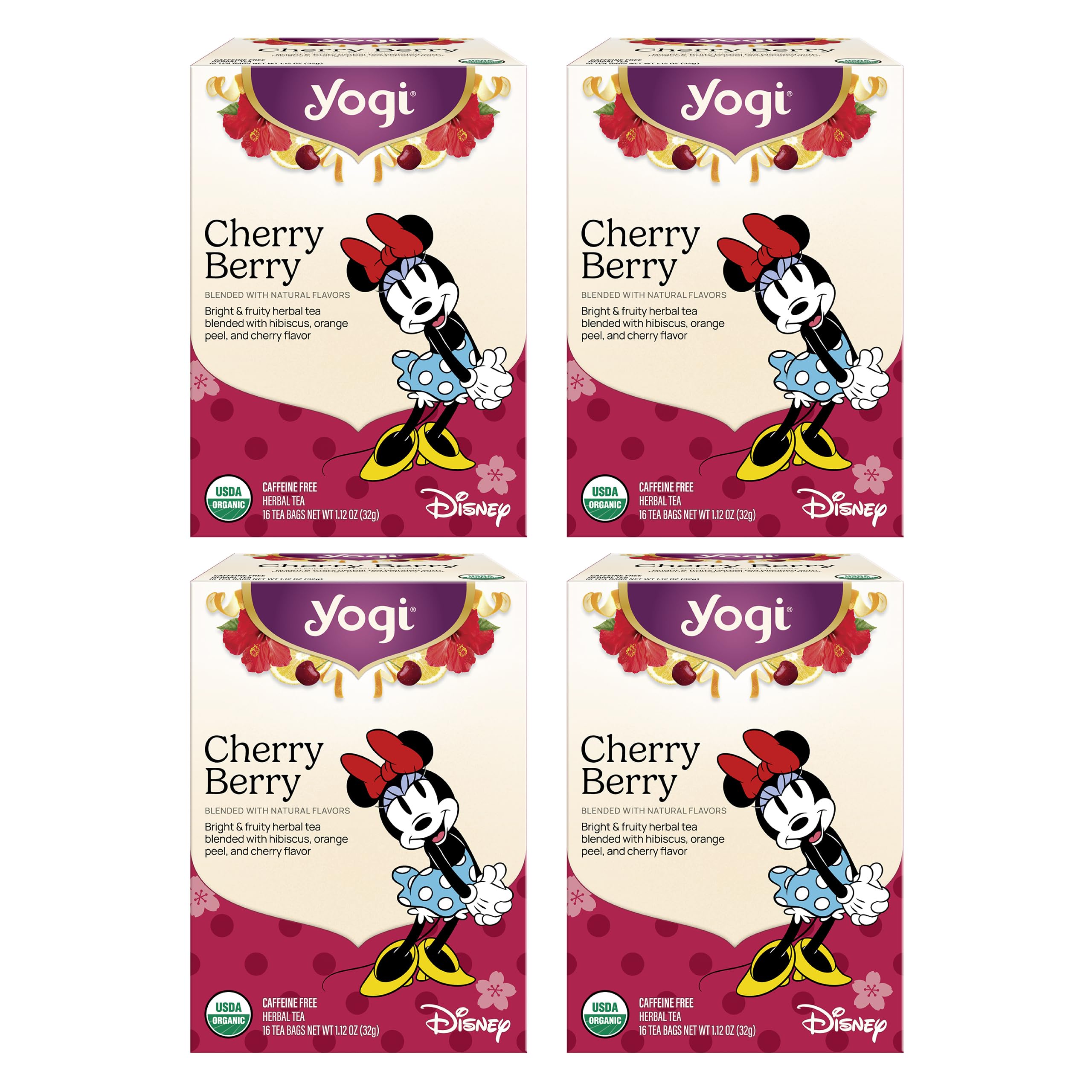 Yogi front packaging showing vibrant cherries and hibiscus, highlighting organic quality