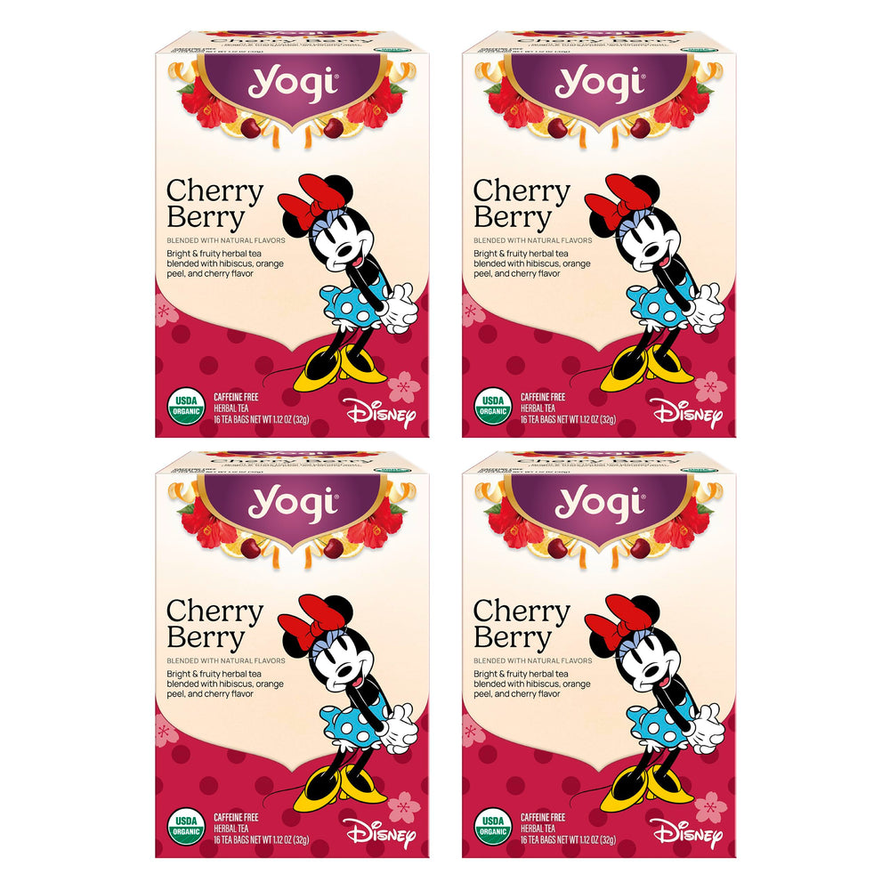 Yogi front packaging showing vibrant cherries and hibiscus, highlighting organic quality