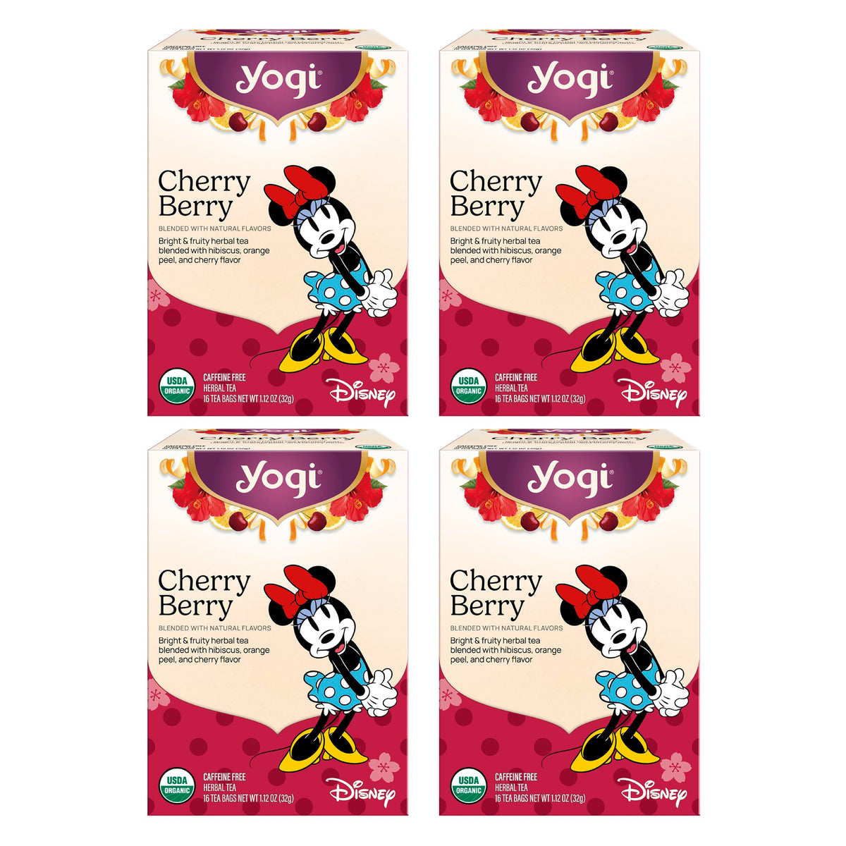 Yogi front packaging showing vibrant cherries and hibiscus, highlighting organic quality