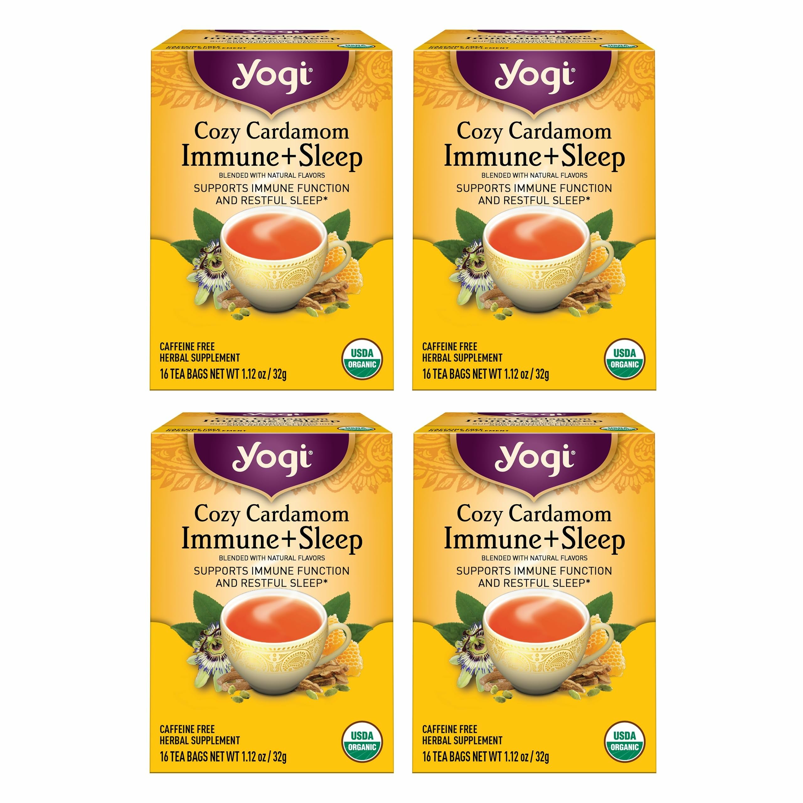Yogi front packaging showing Cozy Cardamom Immune and Sleep benefits