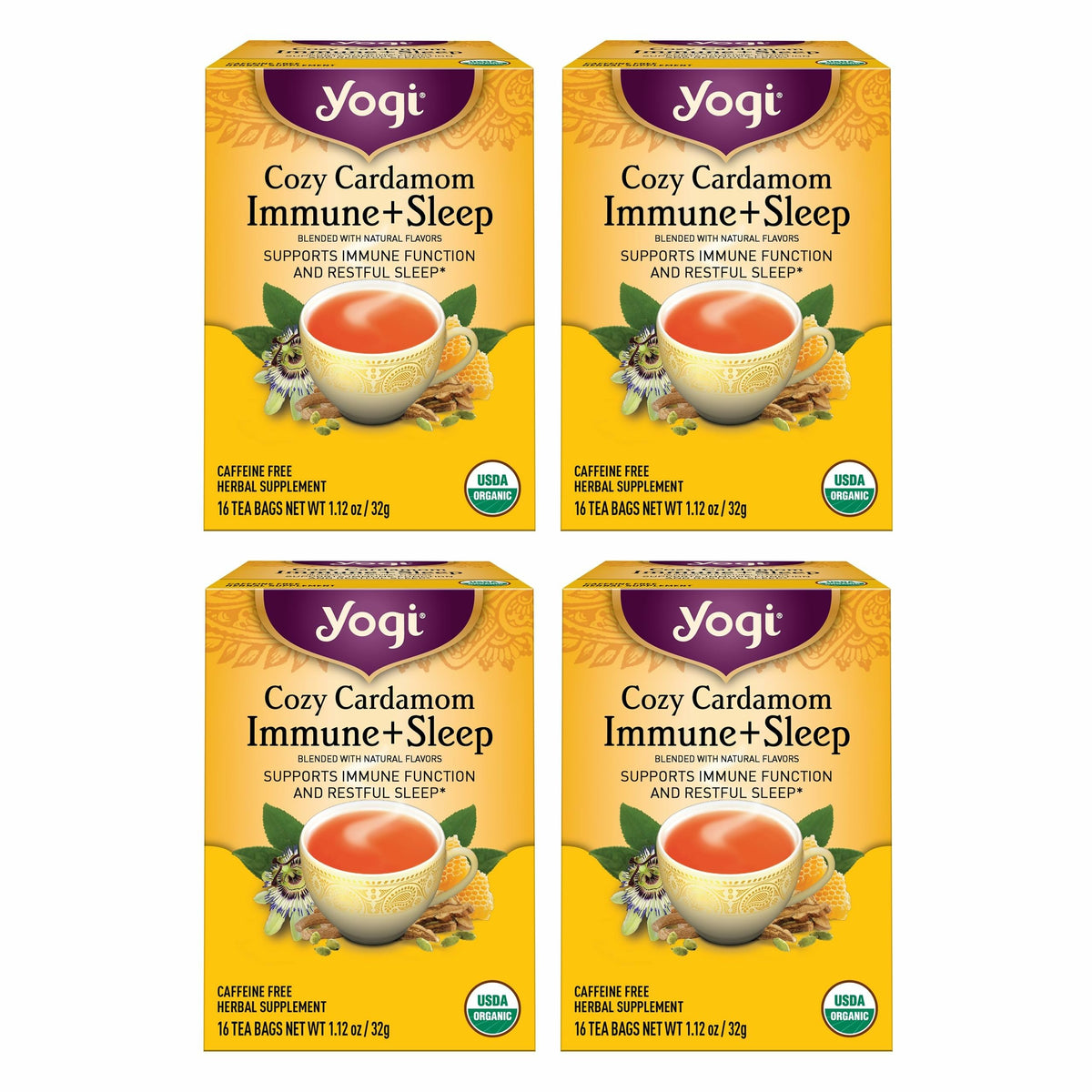 Yogi front packaging showing Cozy Cardamom Immune and Sleep benefits