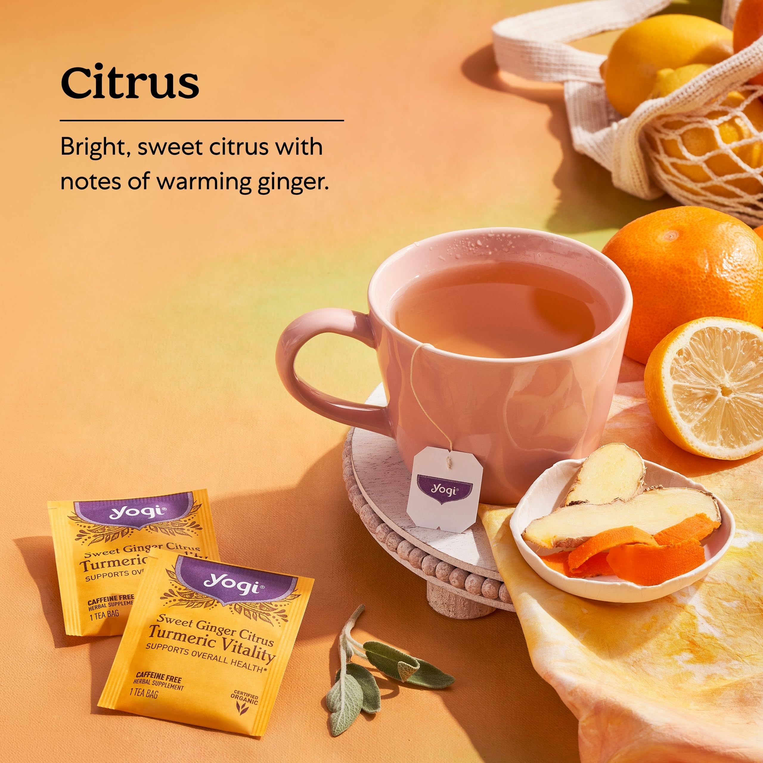 Yogi steaming cup being poured to show warm ginger-turmeric comfort and aroma