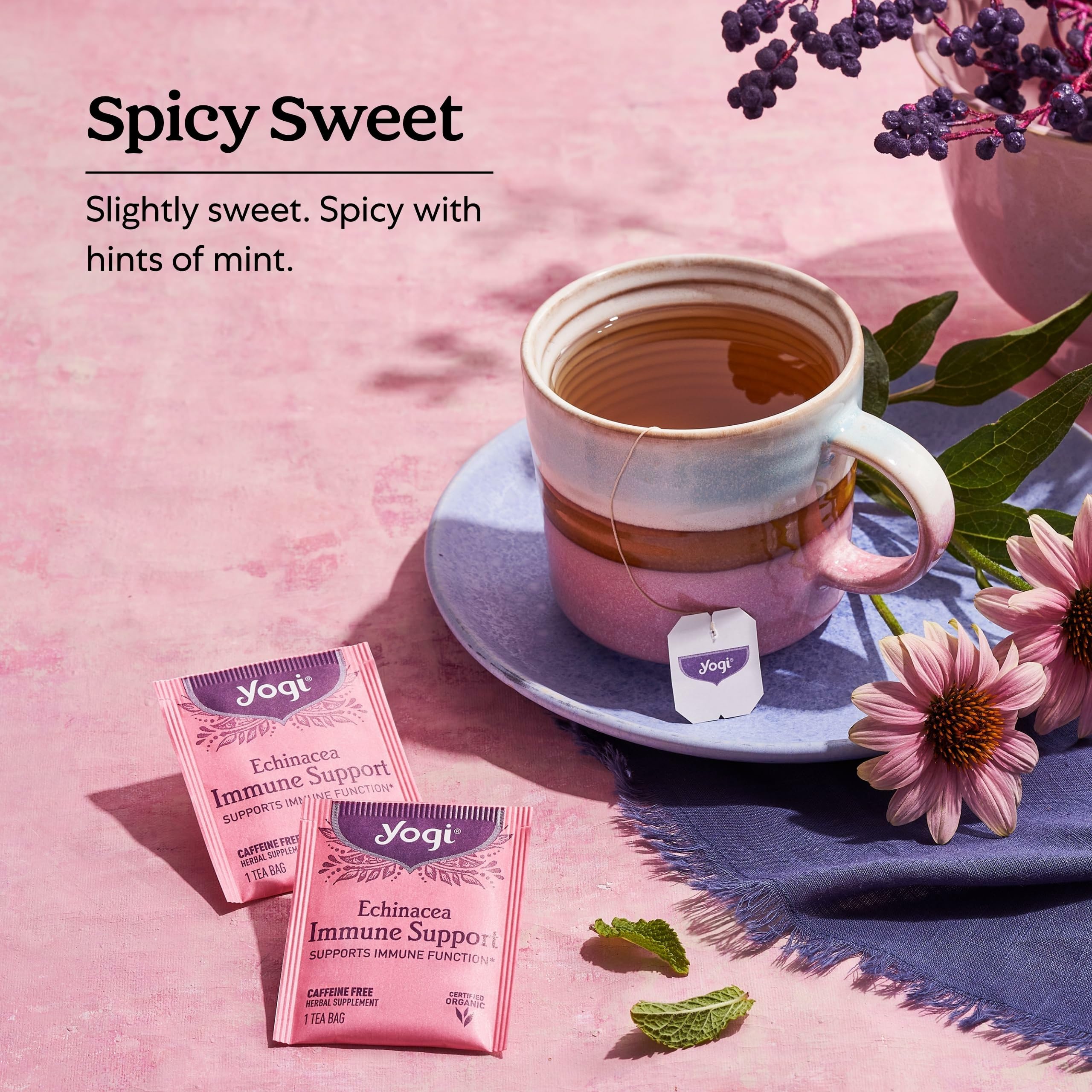 Yogi cup steeping action with steam rising to illustrate warm comforting beverage