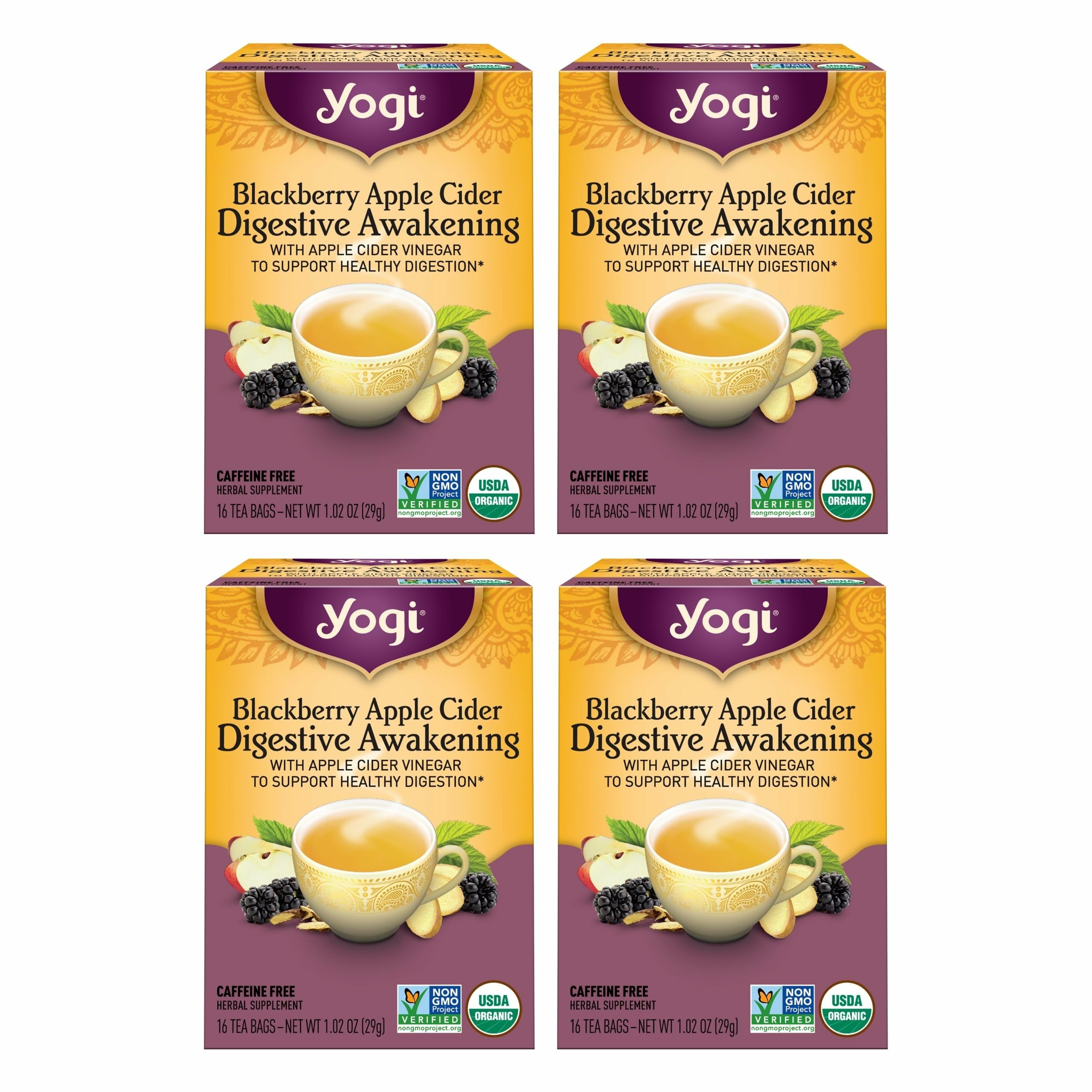 Yogi front packaging showing blackberry apple cider digestive tea and clear labeling benefit convenience