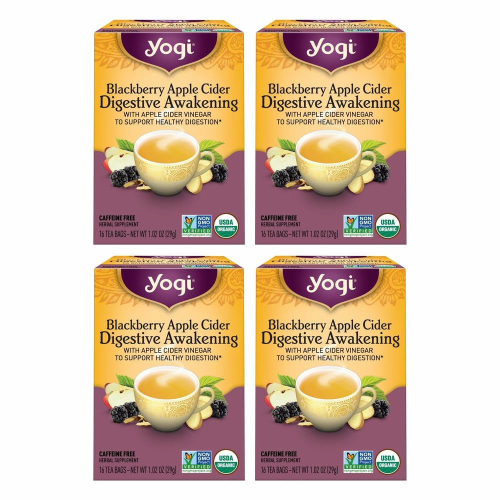 Yogi front packaging showing blackberry apple cider digestive tea and clear labeling benefit convenience