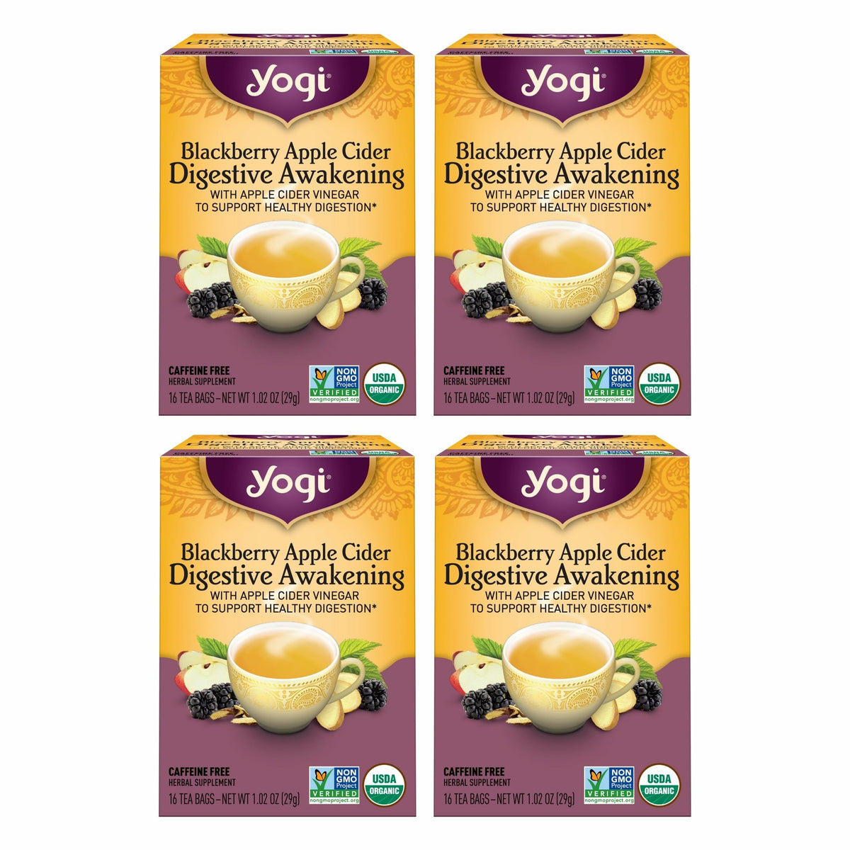 Yogi front packaging showing blackberry apple cider digestive tea and clear labeling benefit convenience