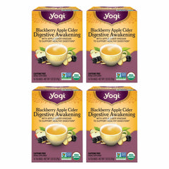 Yogi front packaging showing blackberry apple cider digestive tea and clear labeling benefit convenience