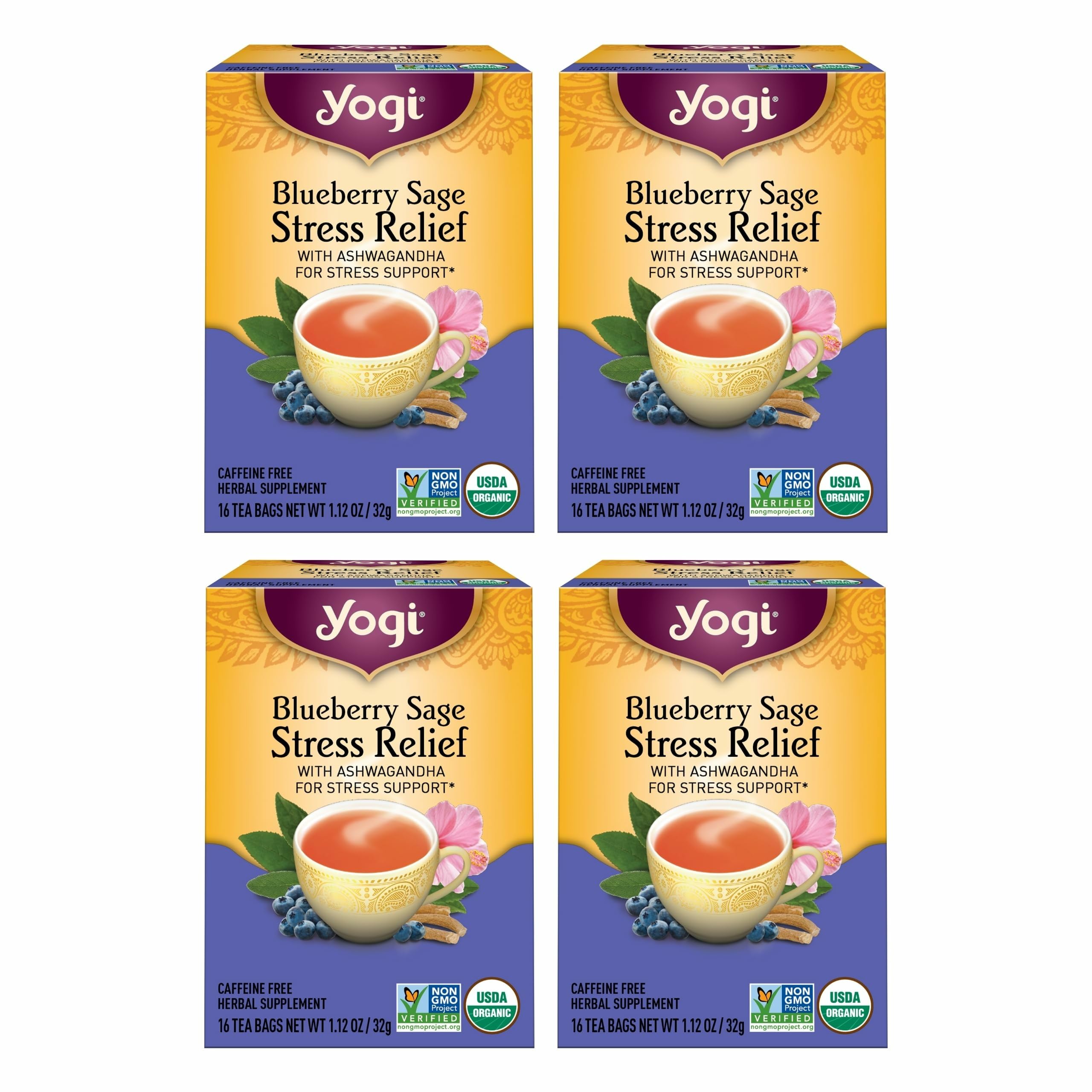 Yogi front packaging showing blueberry sage tea and organic badge for reassuring quality