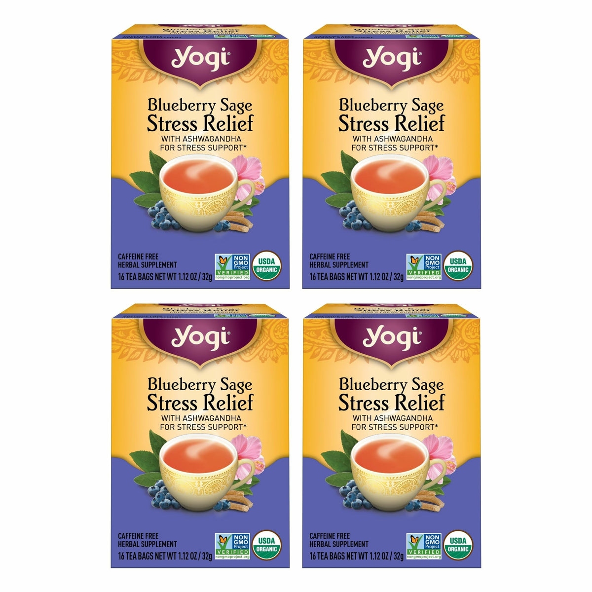 Yogi front packaging showing blueberry sage tea and organic badge for reassuring quality
