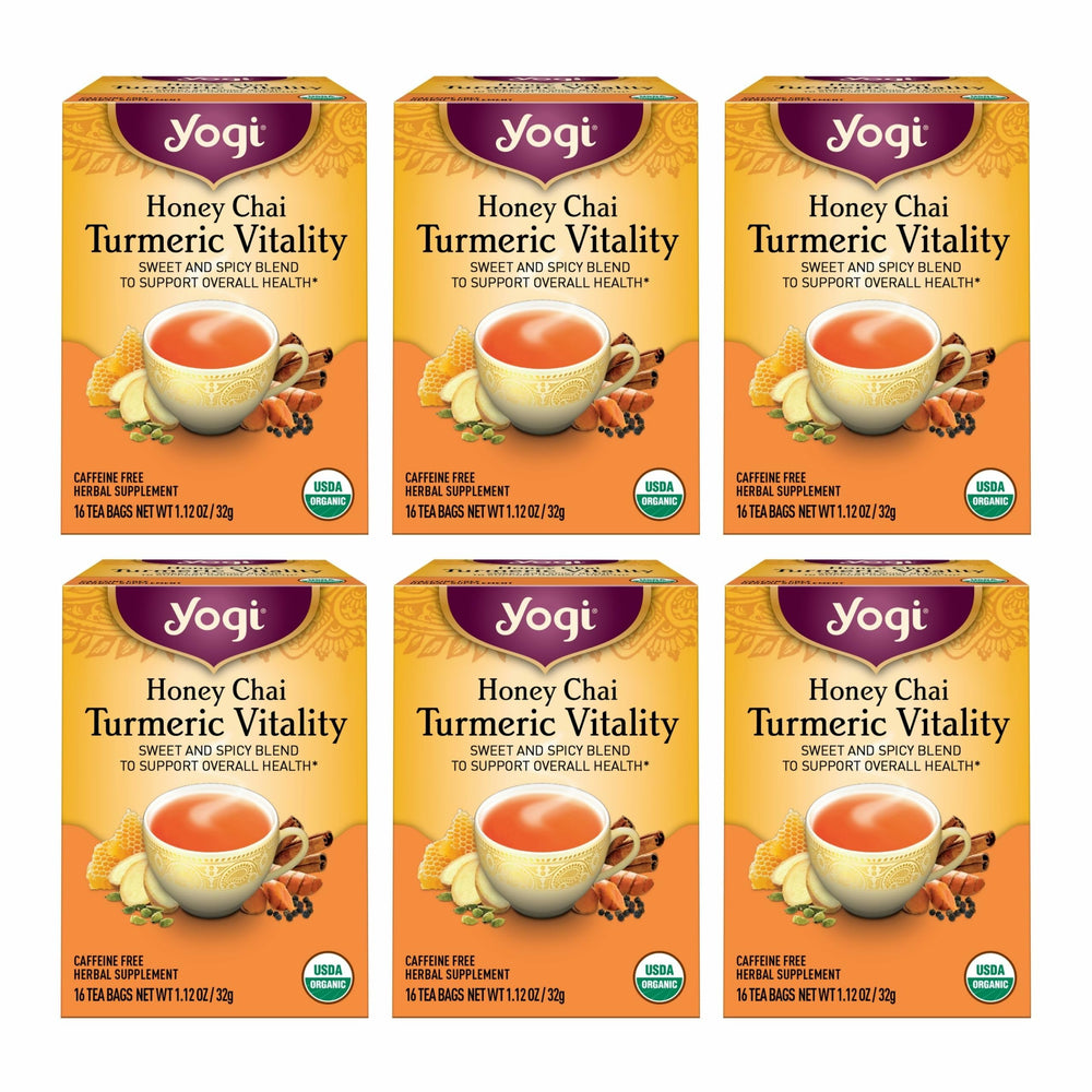 Yogi front packaging showing honey chai turmeric tea for organic flavor