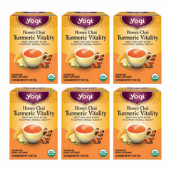 Yogi front packaging showing honey chai turmeric tea for organic flavor