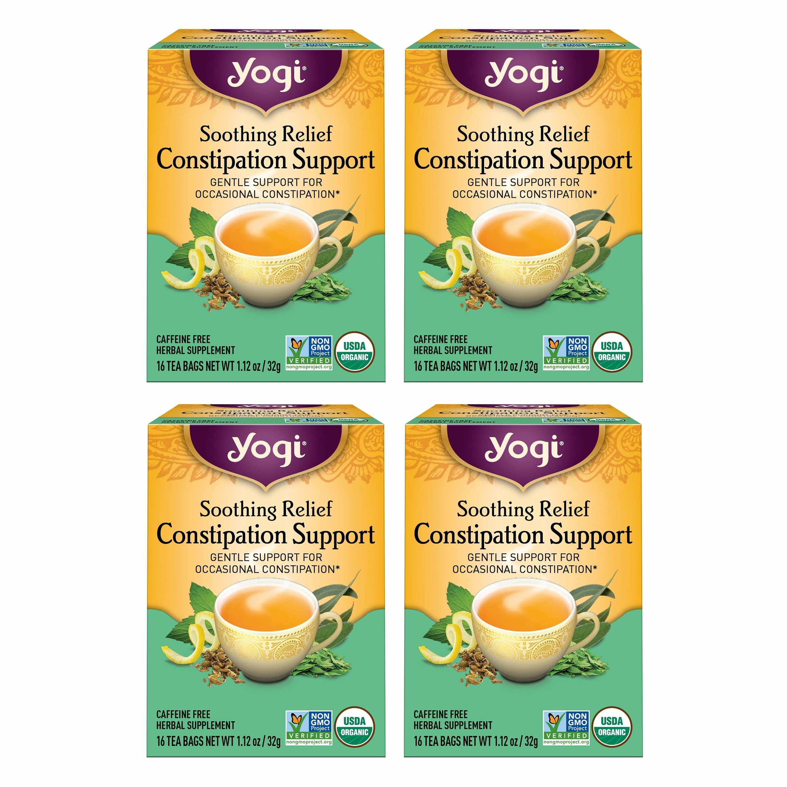 Yogi front packaging showing soothing relief tea and organic certification benefits
