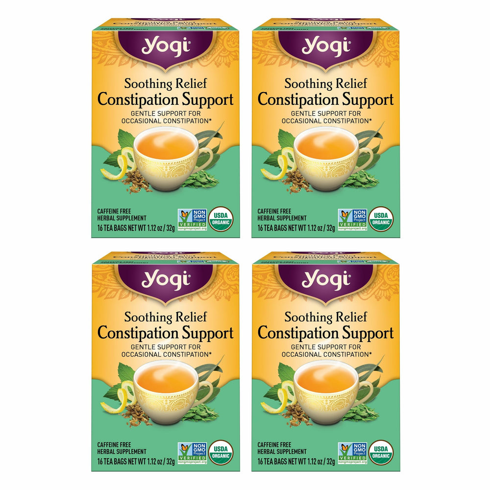 Yogi front packaging showing soothing relief tea and organic certification benefits