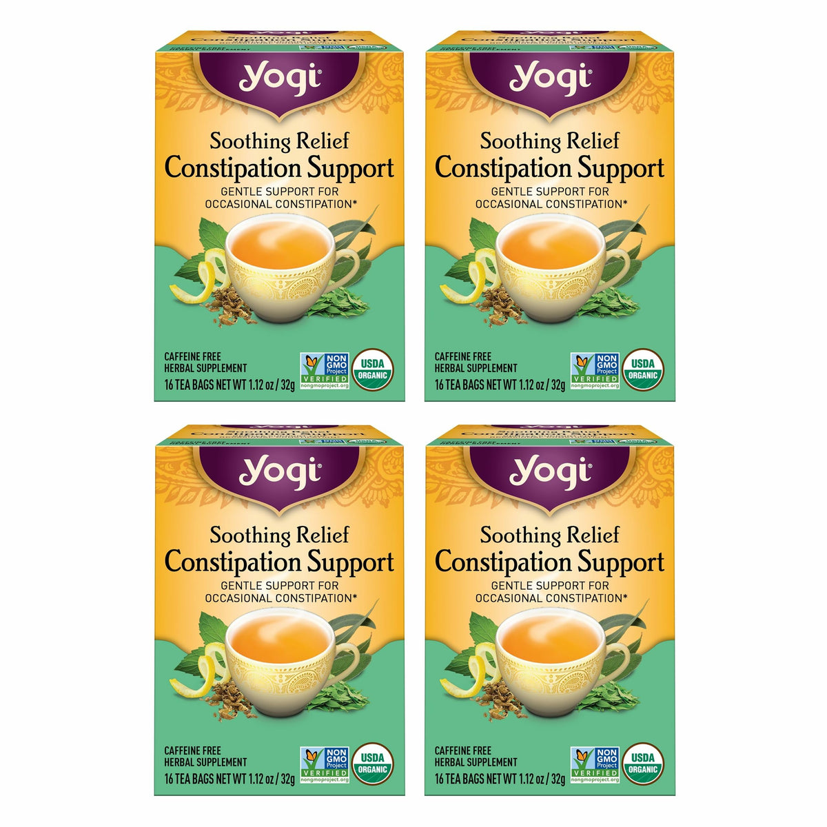 Yogi front packaging showing soothing relief tea and organic certification benefits
