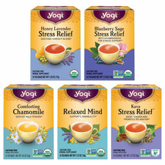Yogi front packaging of the stress relief variety showing product and calming colors