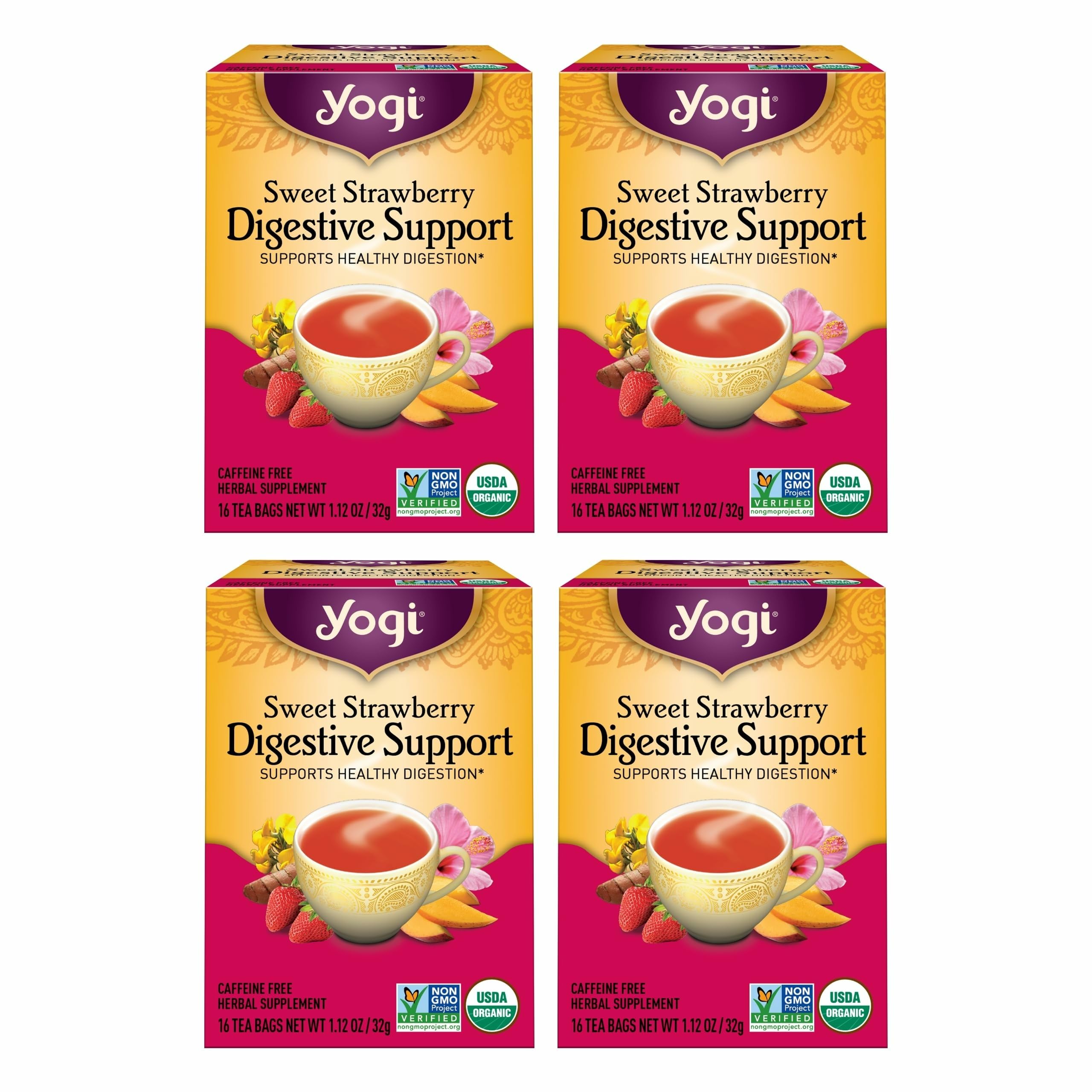 Yogi front packaging showing sweet strawberry organic tea and benefits