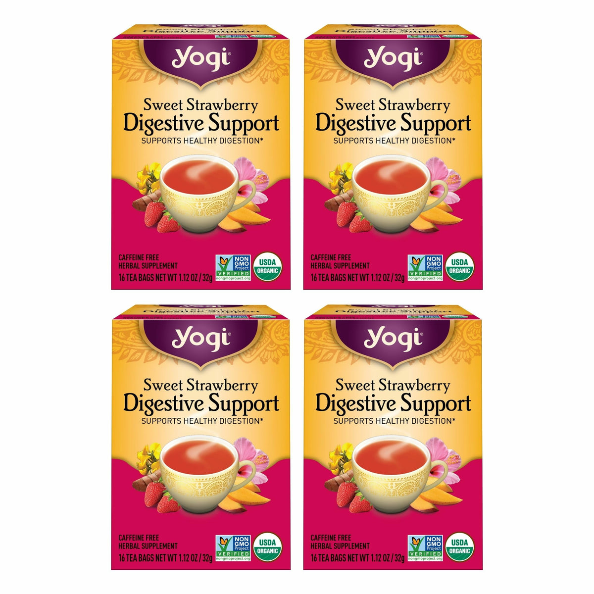 Yogi front packaging showing sweet strawberry organic tea and benefits