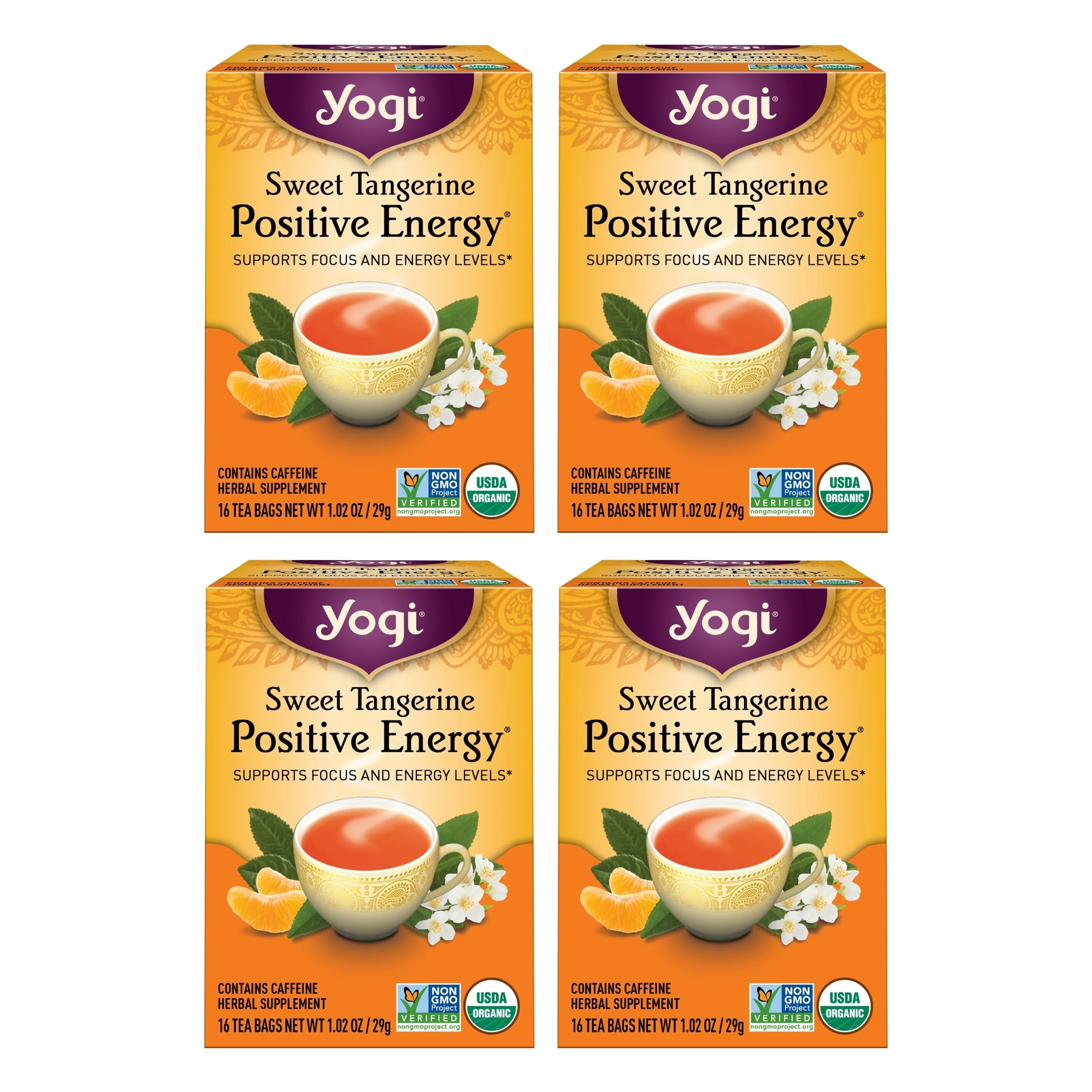 Yogi front packaging showing Sweet Tangerine Positive Energy benefits