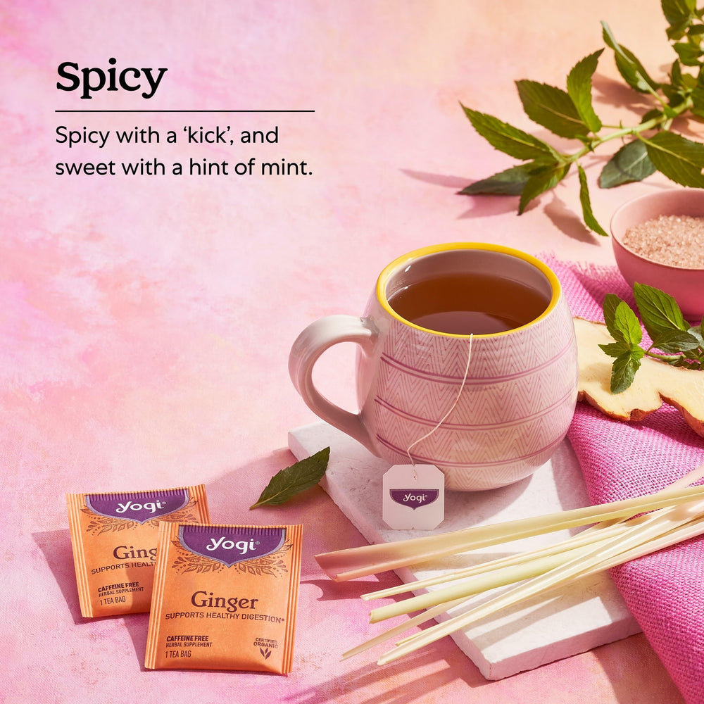 Yogi pouring brewed ginger tea into cup to show aroma and comforting warmth