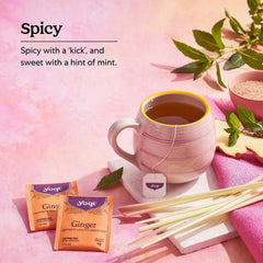 Yogi pouring brewed ginger tea into cup to show aroma and comforting warmth
