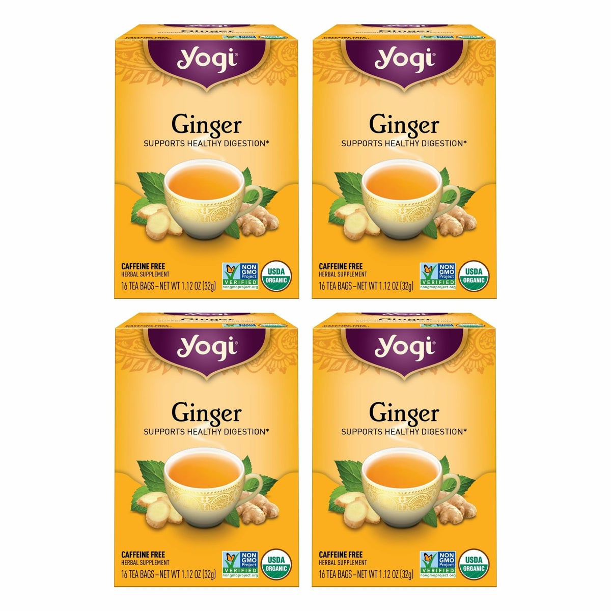Yogi front packaging showing organic digestive tea and clear product identity benefit