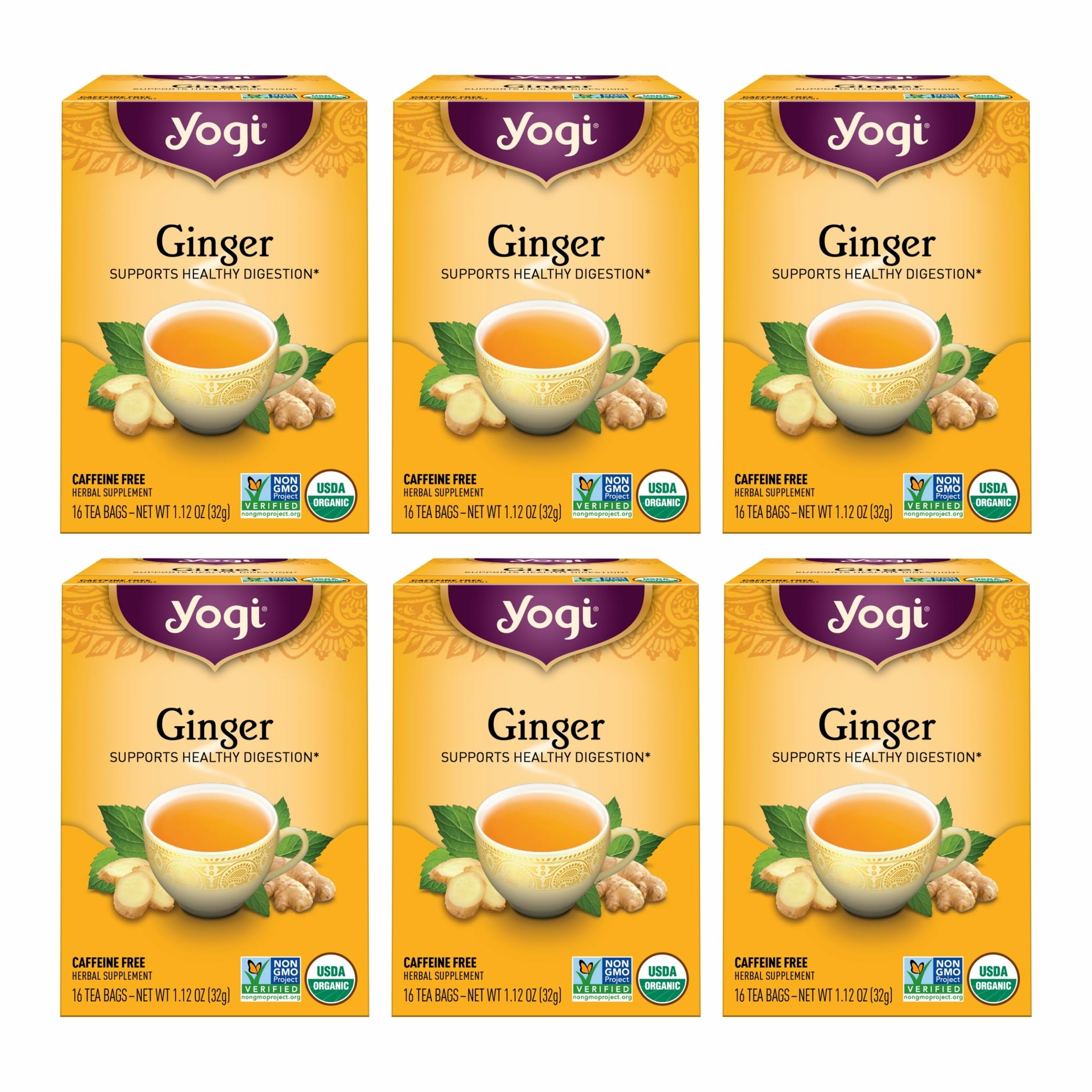 Yogi front packaging showing organic ginger tea benefits