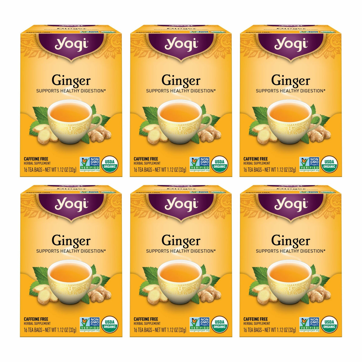 Yogi front packaging showing organic ginger tea benefits