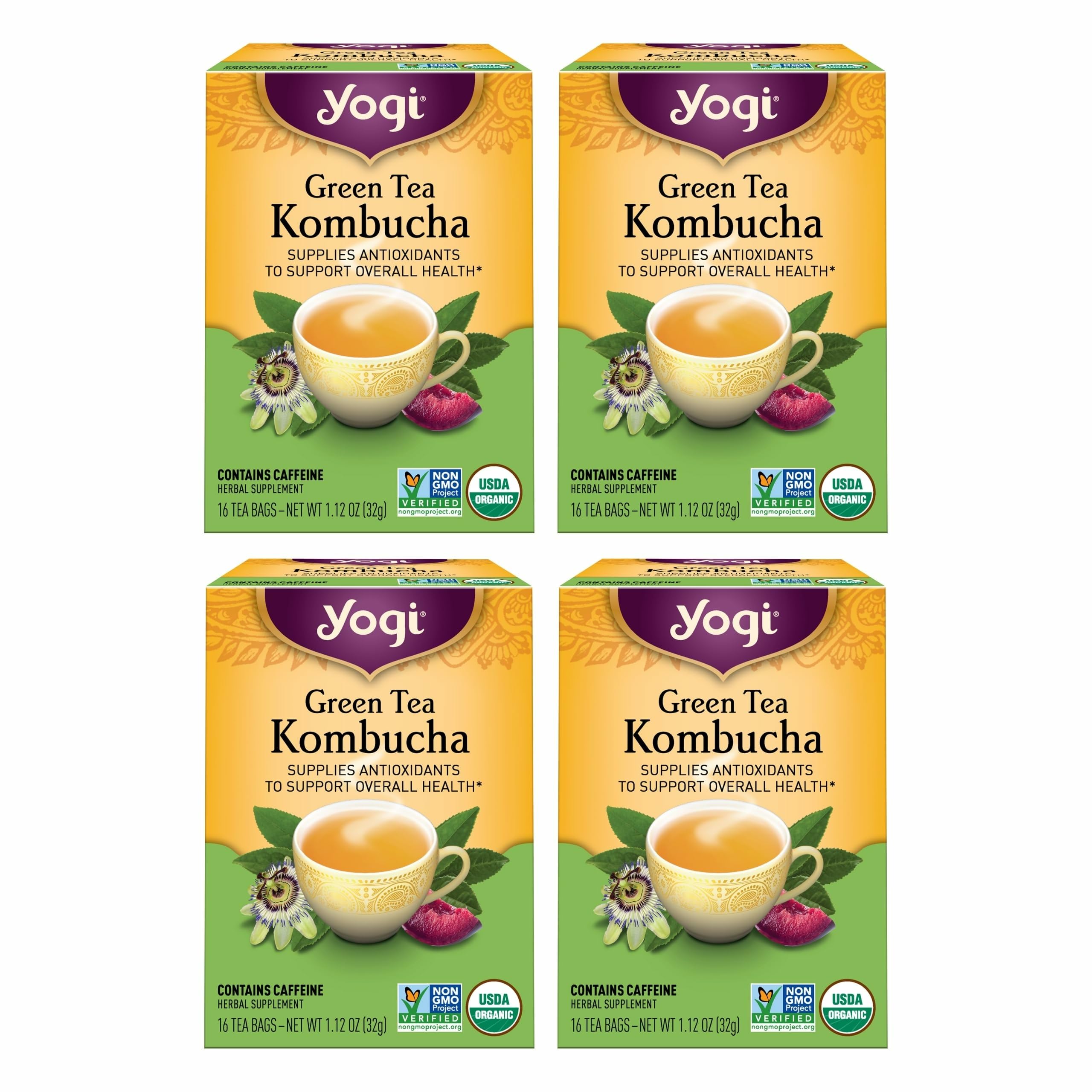 Yogi front packaging showing organic green kombucha tea for easy selection